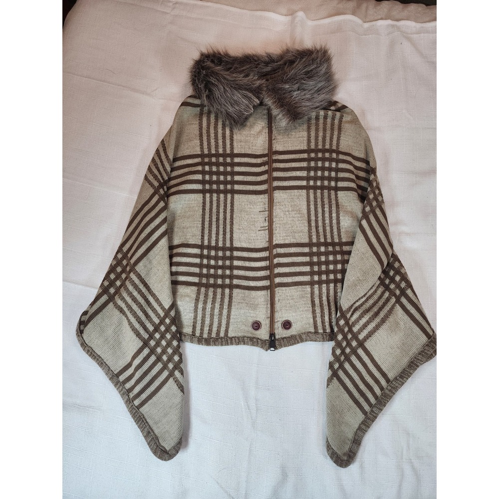 Tejiestilo Plaid Faux-Fur Collar Zip-Up Cape Knit Sweater Brown Tan Cream M/L